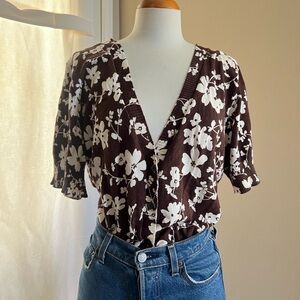 D&Co 100% Cotton Floral Button Front Short Sleeve Cardigan